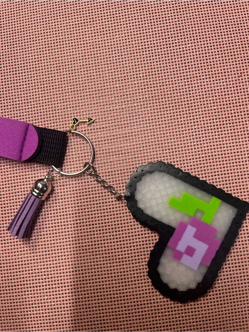 Purple Tassel Heart Keychain with Neon Pixel Accent